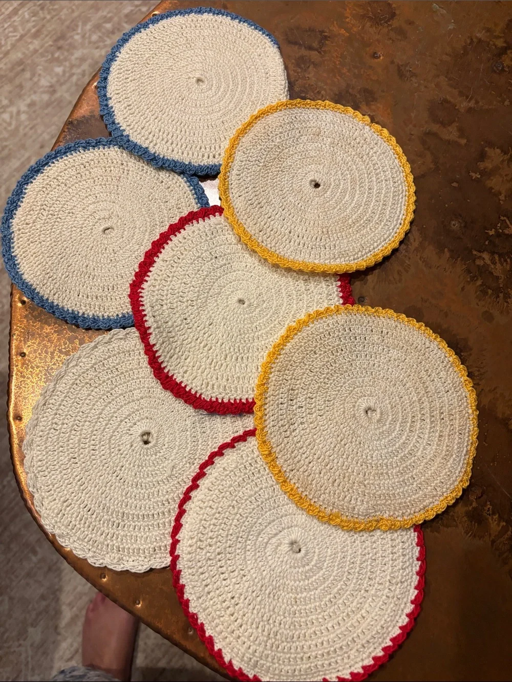 Vintage Handmade Crochet Trivets & Coasters Set - Colorful Borders (Set of 7)
